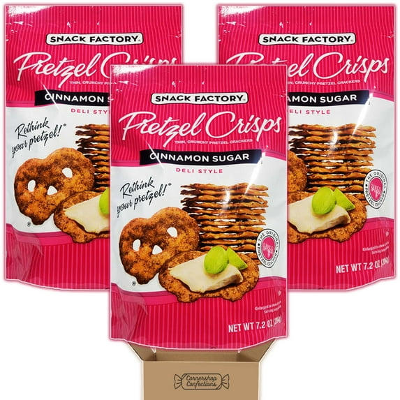 Snack Factory Pretzel Crisps Cinnamon Sugar Bundle Pack - 3 Packs, Each 7.2 Ounces - Work or School Lunch, Snacks, Parties - Eat them Plain, Dipped or with Toppings in Cornershop Confections pack