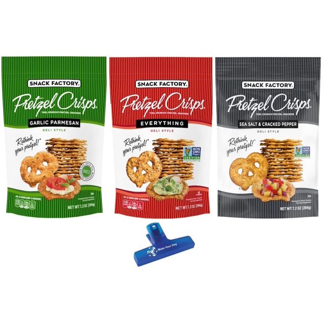 Snack Factory Pretzel Crisps, DHF10 Garlic Parmesan, Everything, and