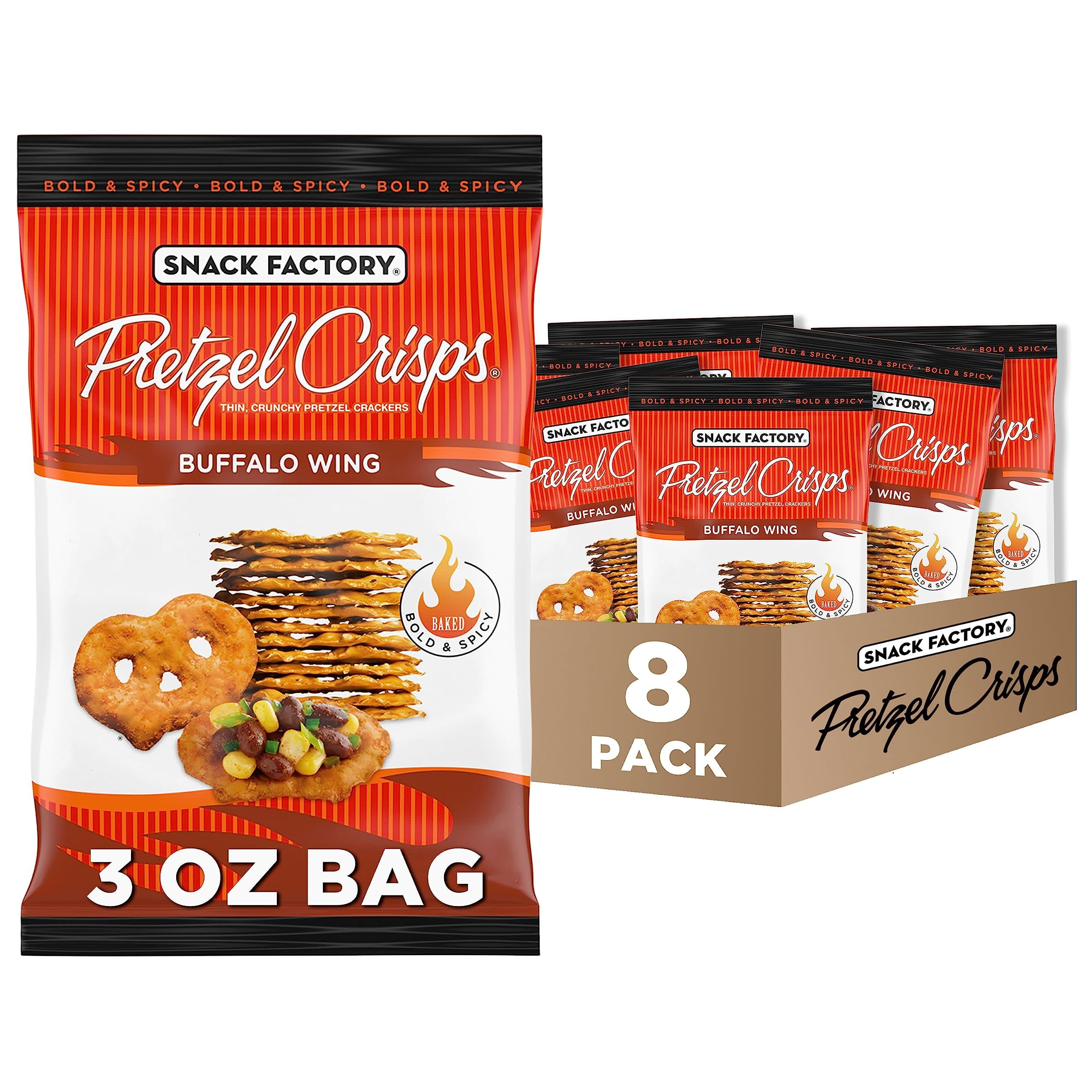 Snack Factory Pretzel Crisps, DMF15 Buffalo Wing, On-the-Go Bag, 3 Oz (Pack of 8)