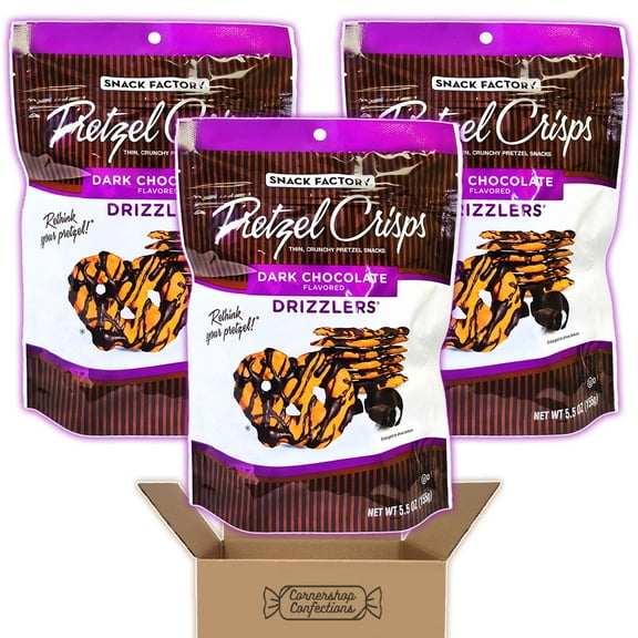 Snack Factory Pretzel Crisps Dark Chocolate Drizzlers 3 Bag Bundle - 3 5.5oz Resealable Bags - Dark Chocolate Flavored Pretzel Snacks - Road Trips, Lockers, Work Desk - In Cornershop Confections pack