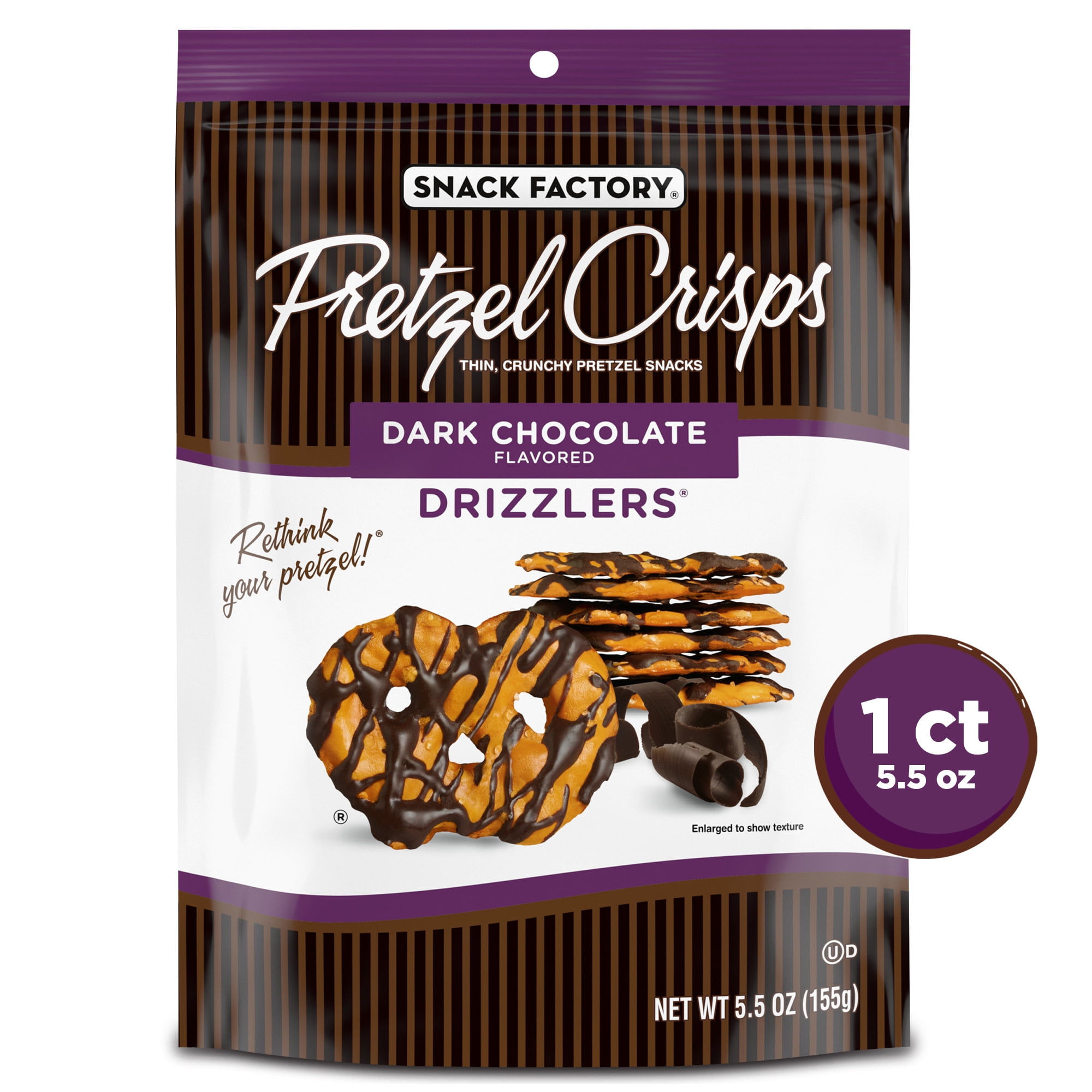 Snack Factory Pretzel Crisps Drizzlers, Dark Chocolate Drizzled Pretzels, 5.5 oz