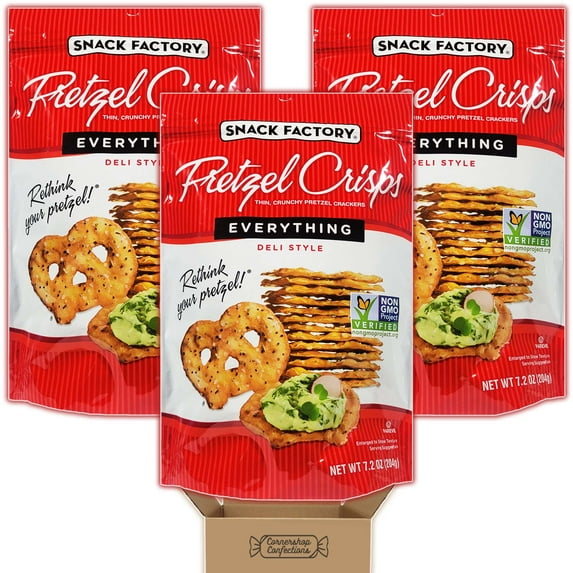 Snack Factory Pretzel Crisps Everything Bundle Pack - 3, 7.2 Ounce Bags - Non-GMO - School or Work Lunches, Snacks, Parties - Eat them Plain, Dipped or with Toppings in Cornershop Confections pack