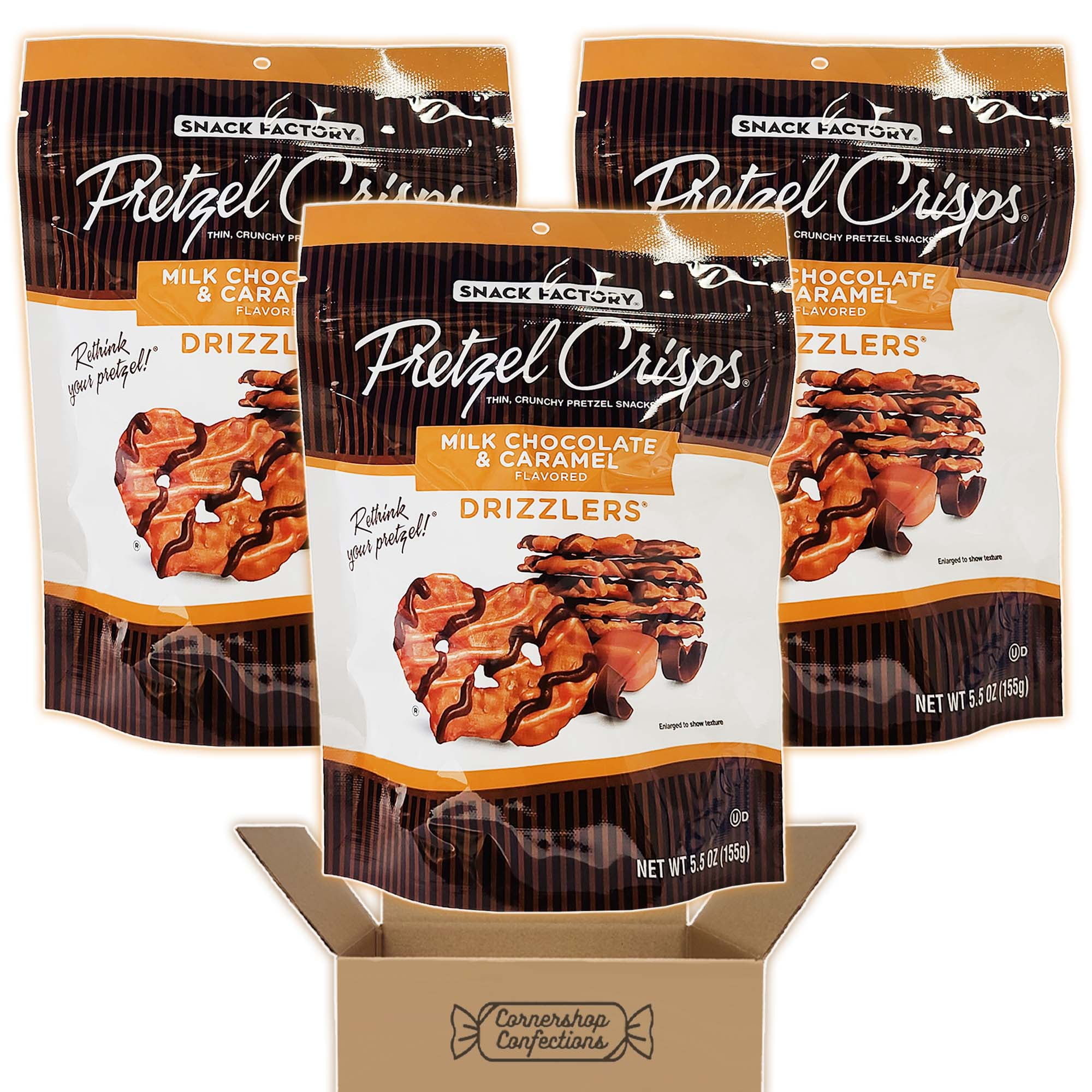 Snack Factory Pretzel Crisps Milk Chocolate & Caramel Drizzlers 3 Bag Bundle - 3 5.5oz Bags of Milk Chocolate & Caramel Flavored Pretzel Snacks - Road Trips, Work Desk in Cornershop Confections pack