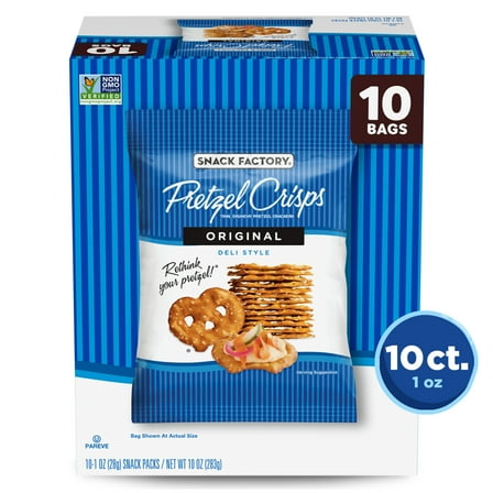 Snack Factory Pretzel Crisps, Original, 1 oz Snack Bags, 10 Ct