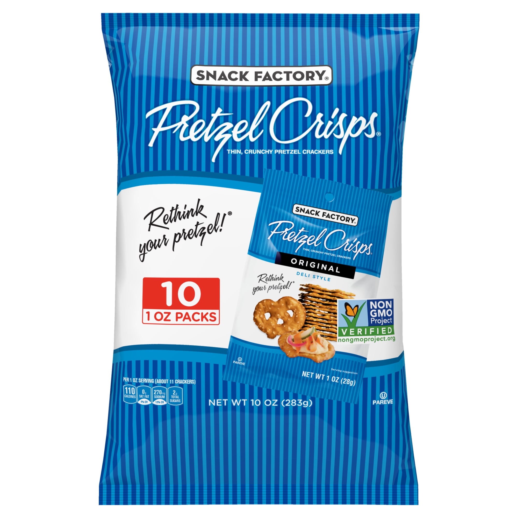 Snack Factory Pretzel Crisps, Original, 1 oz Snack Packs, 10 Ct