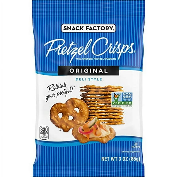Snack Factory Pretzel Crisps, Original, On-the-Go Bag, 3 Oz (Pack of 8)