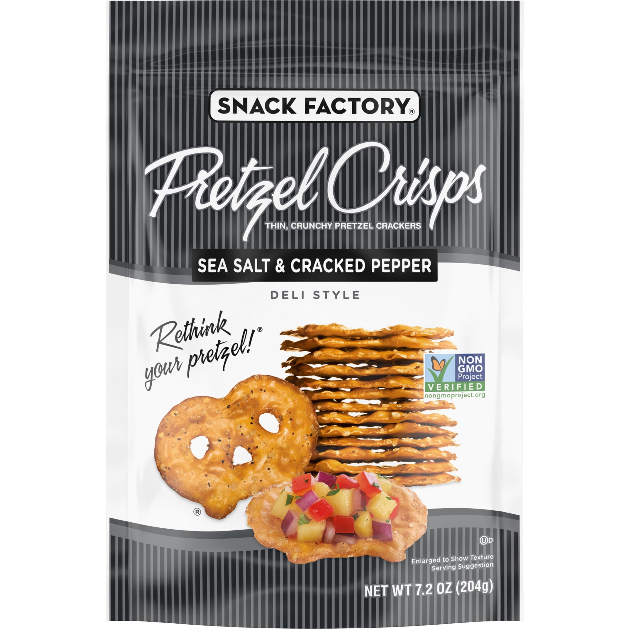 Snack Factory Pretzel Crisps, Sea Salt & Cracked Pepper, 7.2 oz Resealable Bag