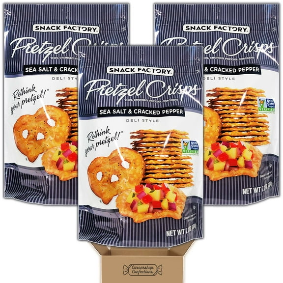 Snack Factory Pretzel Crisps Sea Salt & Cracked Pepper Bundle Pack - 3 Packs, Each 7.2 Ounces - Non-GMO - Lunches, Snacks - Eat them Plain, Dipped or with Toppings in Cornershop Confections pack