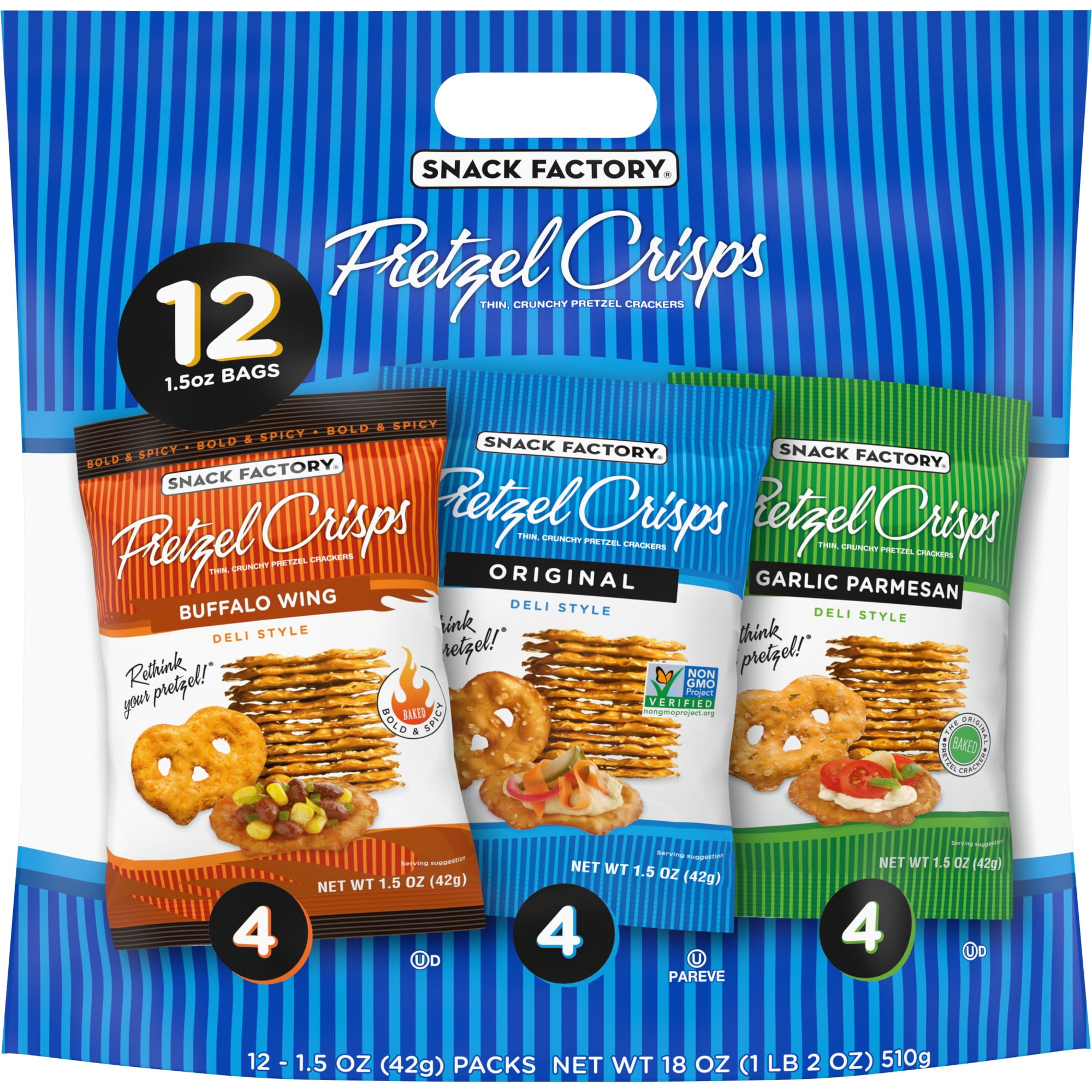 Snack Factory Pretzel Crisps Variety Pack, 1.5 oz Snack Packs, 12 Ct