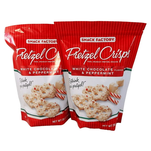 Snack Factory Pretzel Crisps White Chocolate Flavor and Peppermint 20 Oz (Pack of 2 Large 20 Ounce Bags)