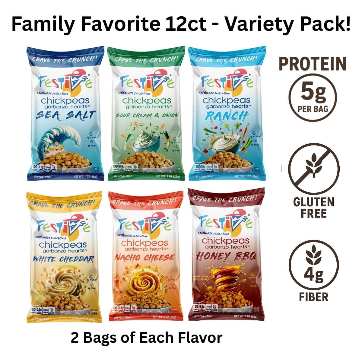 Snack Festive Roasted Chickpeas – Family Favorite, 12ct - High Protein Variety Snack Bag (2 Each of 6 Flavors: BBQ, Ranch, Sour Cream, Sea Salt, Nacho Cheese, White Cheddar) Nut Free, Non-GMO Vegan S