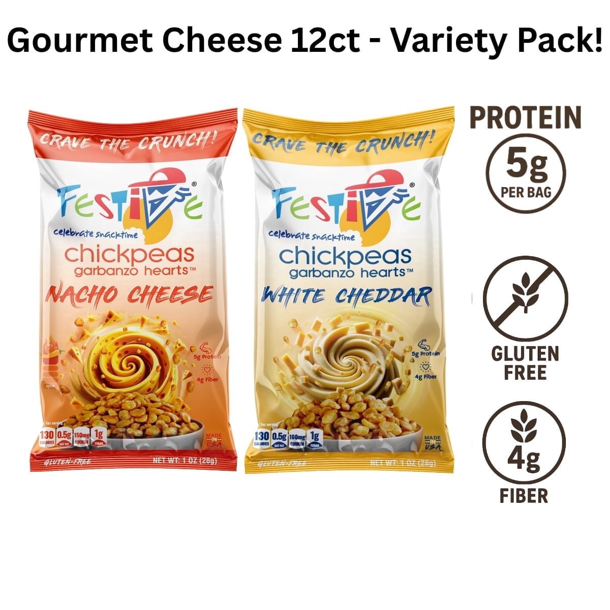 Snack Festive Roasted Chickpeas – Gourmet Cheese, 12ct - High Protein Variety Snack Bag (6 Each of 2 Flavors: Nacho Cheese, White Cheddar) Nut Free, Non-GMO Vegan Soy-Free