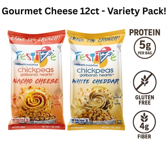 Snack Festive Roasted Chickpeas Gourmet Cheese, 12ct - High Protein Variety Snack Bag (6 Each of 2 Flavors: Nacho Cheese, White Cheddar) Nut Free, Non-GMO Vegan Soy-Free