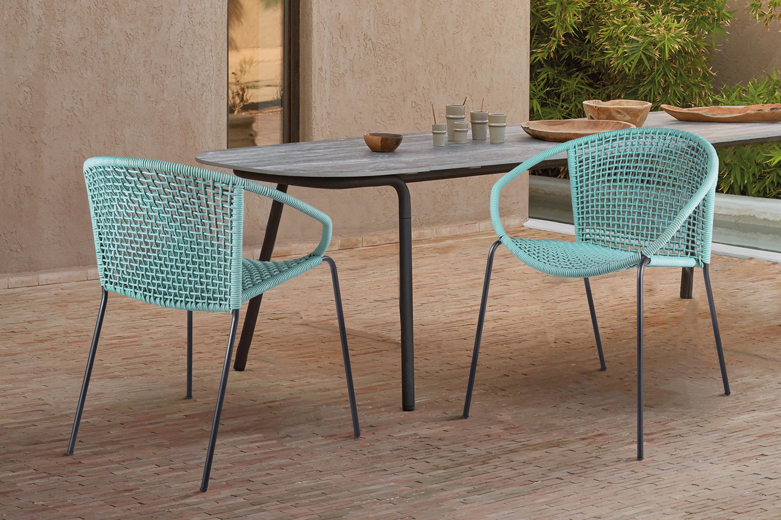 Green Woven Rope and Steel Outdoor Dining Arm Chairs