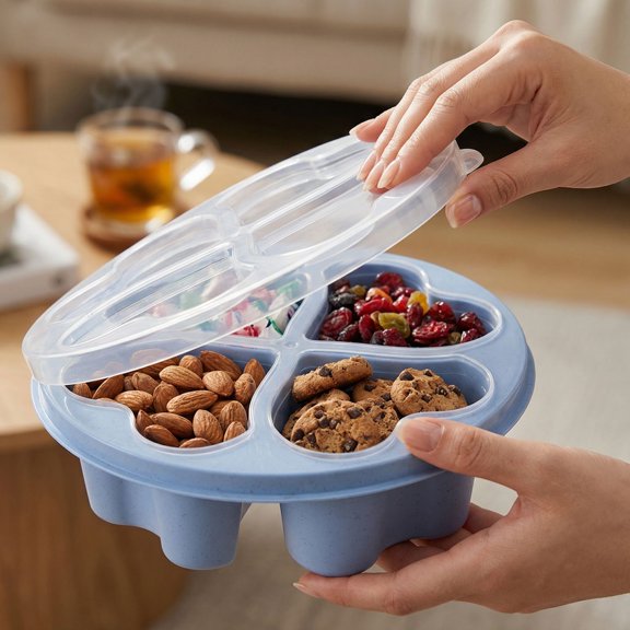 Snack Organizer Box With Divided Compartments And Clear Lid, Bento Style Food Container For Dried Fruits, Snacks, Tea, And Dining Supplies, 1-Pack Blue Storage Box With Stackable