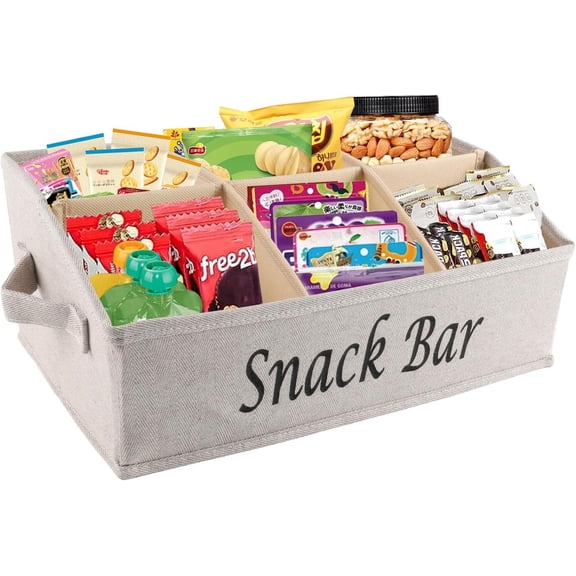 Snack Organizer for Countertop, Fabric Snack Organizer with Handles, 6 Compartment Snack Box Container Snack Basket, Snack Bar Station, Kitchen Pantry Organization and Storage - Khaki