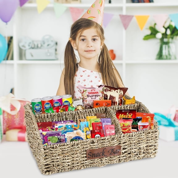 Snack Organizer for Countertop, Trapezoid Snack Organizer Seagrass Wicker Basket, 3 Compartments Snack Box Container, Snack Bar Station Organizer, Kitchen Cabinet Pantry Organizer and Storage