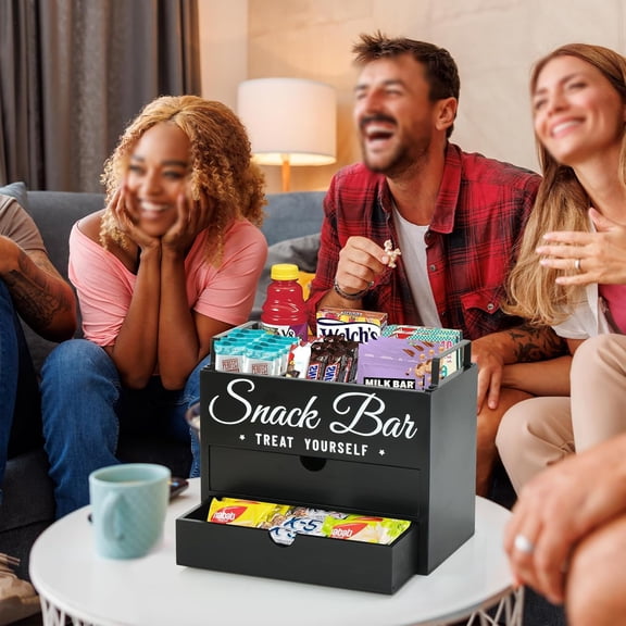 Snack Organizer for Countertop, Wood Pantry Storage Bins with Handles, Snack Organizer for Pantry, Kitchen, 4 Compartment Food Container Snack Box with 2 Drawers, Pantry Organizer for Snacks, Chips