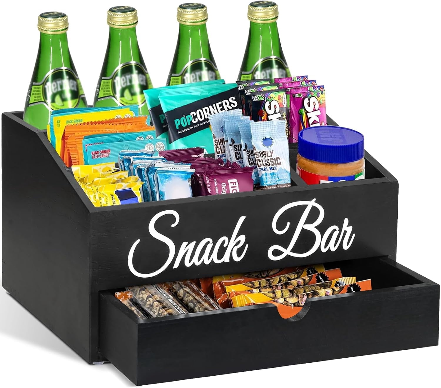 Snack Organizer with Drawer for Countertop, Wooden Snack Tray and Food ...