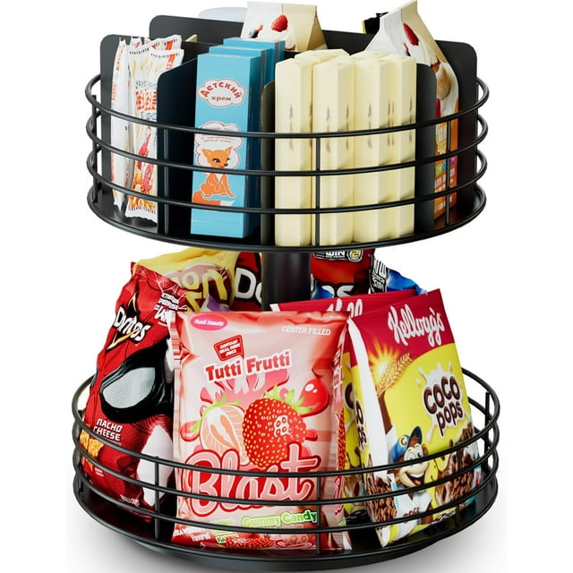 Snack Organizer - Versatile Snack Storage 2 Tier Lazy Susan with Convenient Grab-and-Go Design, Metal Snack Holder for Home, Office, Breakroom, 11.85" L x 11.85" W x 13.3" H (Matte Black)