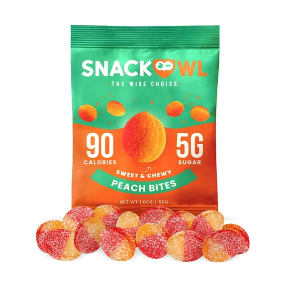 Snack Owl Vegan Sour Gummy Candy Gluten Free, Low Calorie Candy - Guilt Free & Delicious Healthy Gummy Snacks - (Peach Bites)