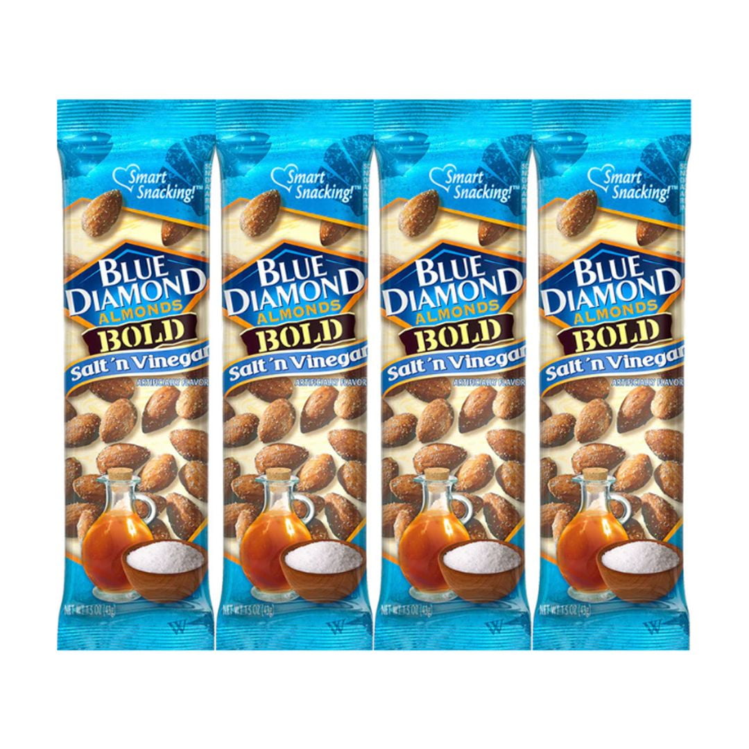 Snack Pack Blue Diamond Almonds, Salt 'n Vinegar Flavor, 1.5 oz Individual Bags, 4-Pack, Bold & Tangy Taste, On-the-Go Protein Snack, Healthy Almonds for Lunch, Office, or Travel