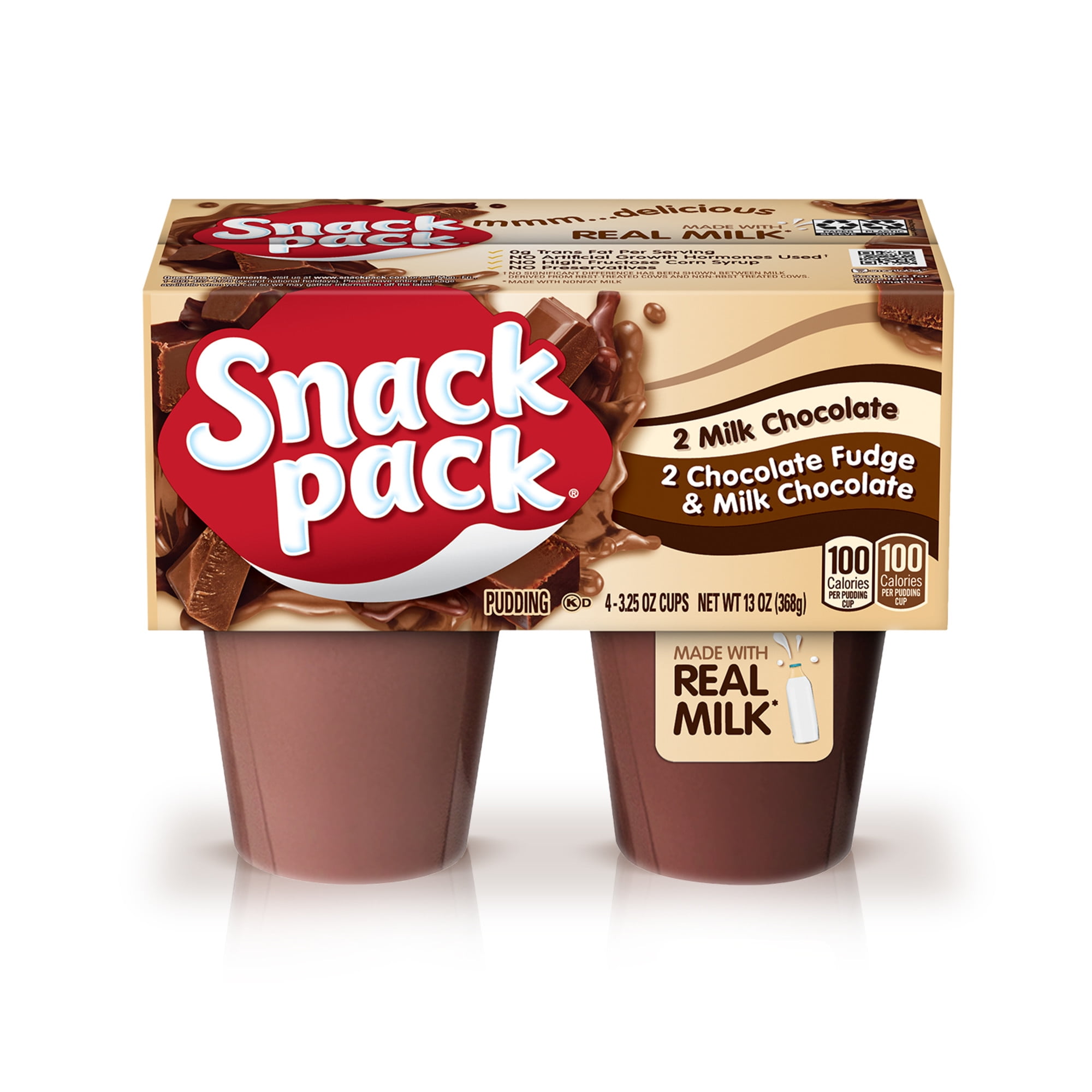 Snack Pack Milk Chocolate and Chocolate Fudge & Milk Chocolate Pudding,  3.25 oz Pudding Cups, 4 Count