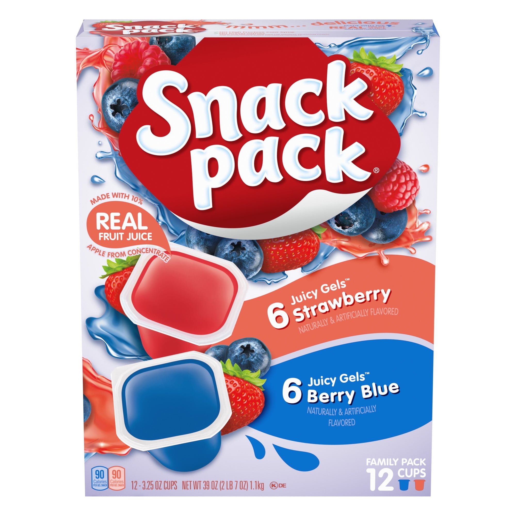 Snack Pack Strawberry & Berry Blue Flavored Juicy Gels 12 Count Snack Cups (Pack of 6)