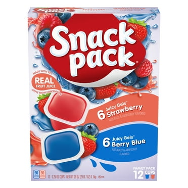 Snack Pack Strawberry Flavored and Berry Blue Flavored Juicy Gels, 3.25 oz Snack Cups, 12 Count Family Pack