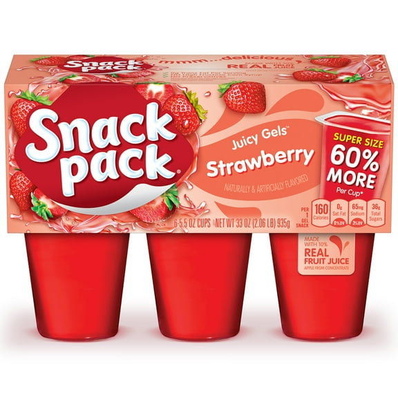 Snack Pack Strawberry Flavored Juicy Gels, Super Size, 6 Count Snack Cups