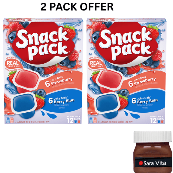 Snack Pack Strawberry Flavored and Berry Blue Flavored Juicy Gels, 3.25 oz Snack Cups, 12 Count Family Pack