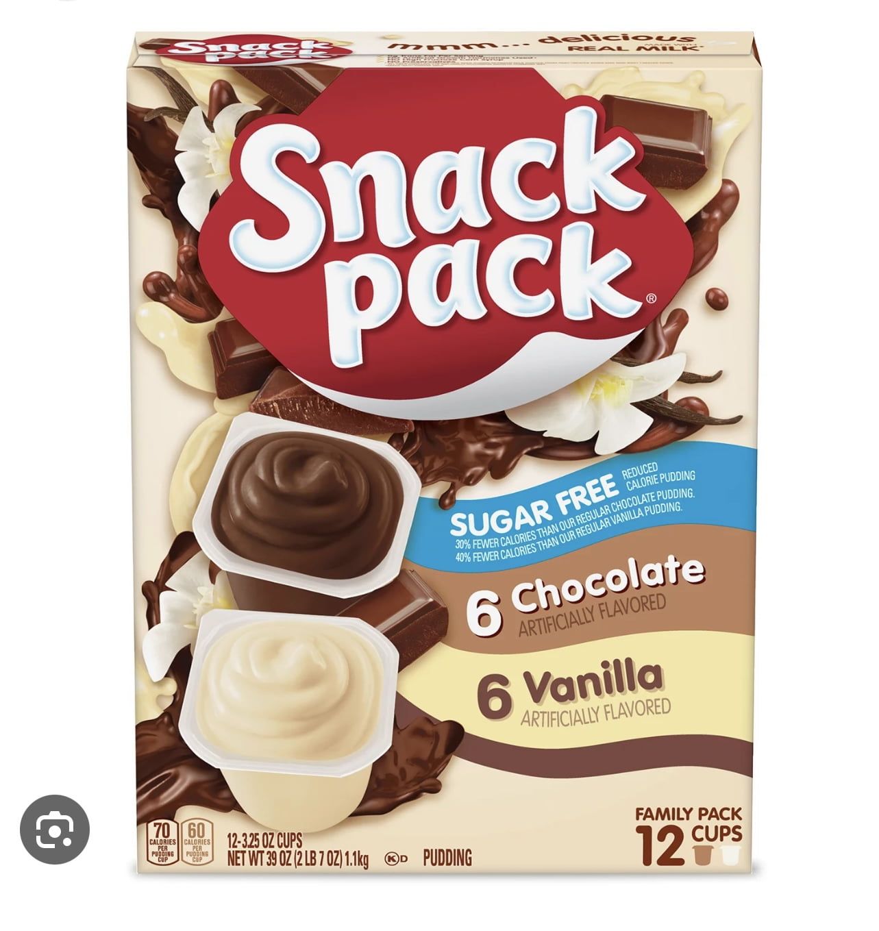 Snack Pack Sugar-Free Chocolate & Vanilla Flavor Pudding Plastic Cups, 3.5oz., 12 Count