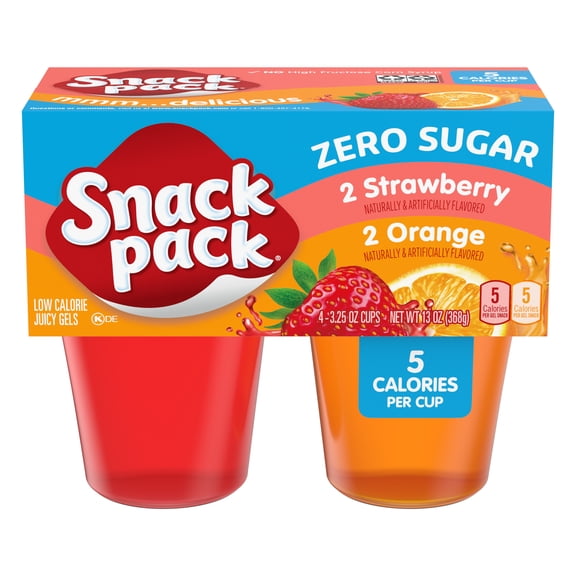 Snack Pack Zero Sugar Strawberry and Orange Flavored Juicy Gels, 3.25 oz Snack Cups, 4 Count