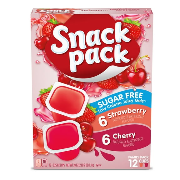 Snack Pack Sugar-Free Strawberry and Cherry Juicy Gels 3.25 oz 12 Count (Pack of 4)