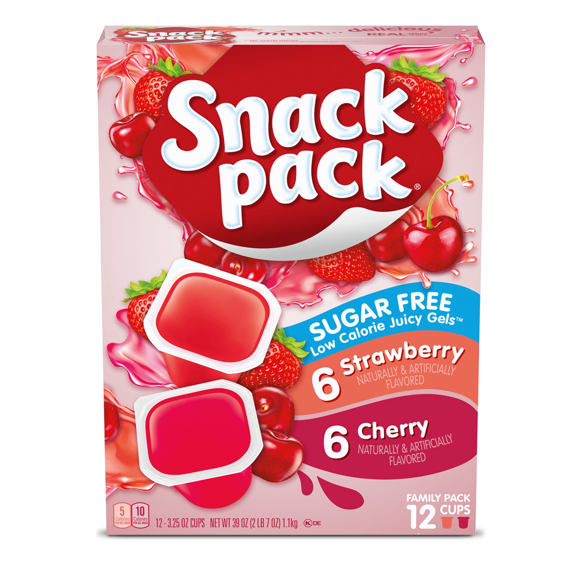 Snack Pack Sugar Free Strawberry and Cherry Flavored Juicy Gels, 3.25 oz Snack Cups, 12 Count Family Pack