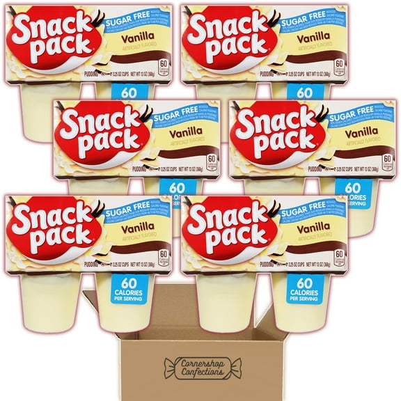 Snack Pack Sugar Free Vanilla Pudding 24 Cup Bundle - 6 Packs, Each with 4 Individually Sealed 3.25 Ounce Pudding Cups - For Work or School Lunches, Snacks, Movies in Cornershop Confections Pack