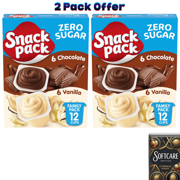 Snack Pack Zero Sugar Chocolate Pudding and Vanilla Pudding, 3.25 oz Pudding Cups, 12 Count ( 2 pack )