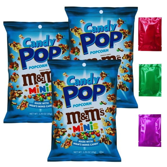 Snack Pop M&M's Candy Coated Popcorn, 1.25oz (Pack of 3) Real Candy Pieces Drizzled with Chocolate Non-GMO Crunchy Sweet Home Midnight Movie Snacking