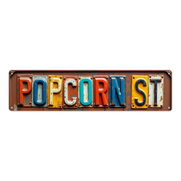 Snack Rd tin signs Vintage 16*4 in Rusty Metal Art Colorful Letters"POPCORN ST" indie room decor cool apartment decor wall plaques kitchen License plate style typography