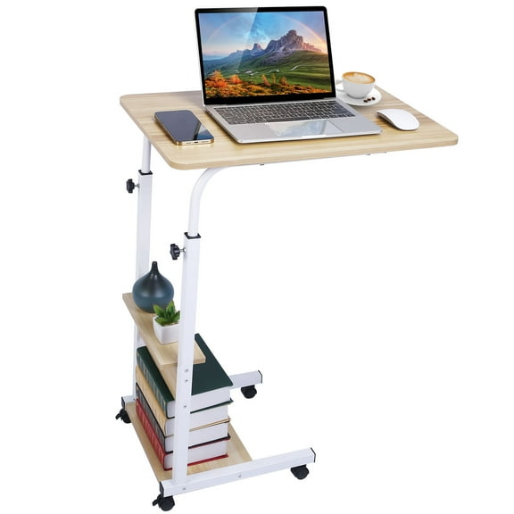 Snack Side Table, iMounTEK Rolling Height Adjustable Side Table with Storage Shelf, C-Shaped Side Table for Sofa Couch Living Room Bedroom,Beige