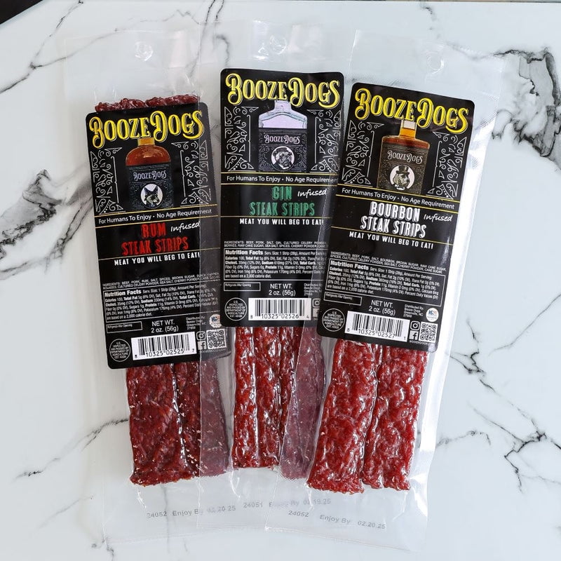 Snack Size: Boozy Jerky Style Steak Strip Variety 3 Packages // 6 Servings