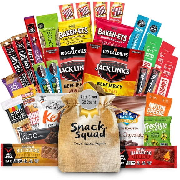 Snack Squad Keto, High Protein, Low-Carb, Ideal for GLP-1 Friendly Diets & Lifestyle, Snack Sampler Variety Pack 32 Count for Adults - Care Gift Package Box - High Protein, Low Carb, Low Sugar Snacks