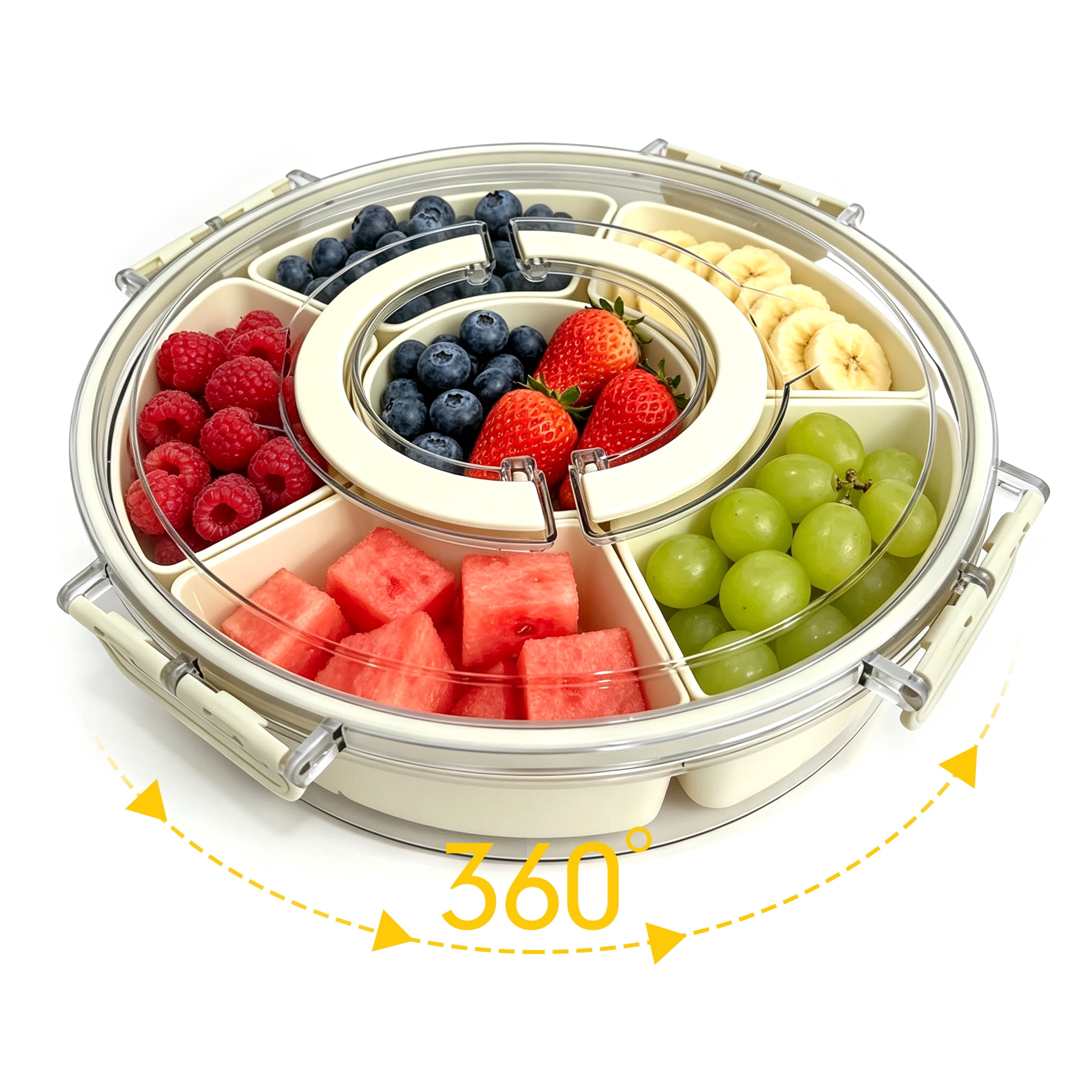 GARITIN Divided Serving Tray with Lid, Portable Snackle Box Container, Detachable Snack Platter for Fruit Nut Candy Dip