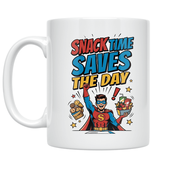 Snack Time Saves The Day - Remote Work Snack Hero - 11 oz Ceramic Coffee Mug