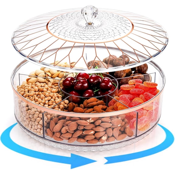 Snack Tray with Lid, 11.5" Plastic Divided Serving Dishes, Round Appetizer Platter, 6 Compartments Food Storage Organizer for Dried Fruits, Nuts, Candies, Veggie, Cookies(Clear)
