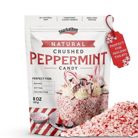 Snackathon Crushed Peppermint Candy Pieces, Natural Red White Mint Bits, 8 Ounce