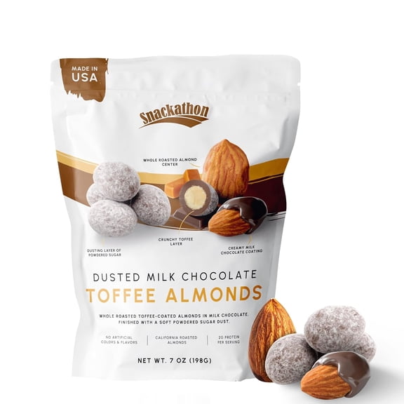 Snackathon Dusted Toffee Milk Chocolate Covered Almonds, 7 oz Resealable Bag