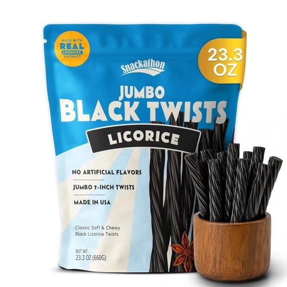 Snackathon Jumbo Black Licorice Twists, 23.3 oz Resealable Bulk Bag, 7-inch Chewy Gourmet Licorice Ropes, Classic Old-Fashioned Candy Sticks for Parties, Snacking Candy Jars, Made in USA