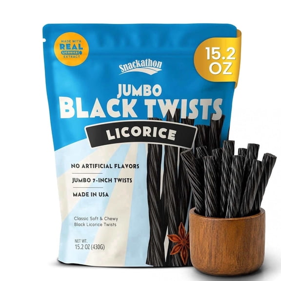 Snackathon Jumbo Black Licorice Twists, 15.2 oz, 7 Inch Chewy Licorice Ropes