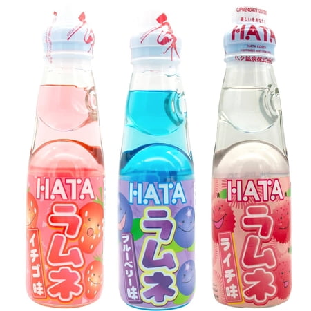 Snackathon Ramune Japanese Soda Variety Pack, 3 Fruity Bottles (Blueberry, Strawberry, Lychee), 6.76 Fluid Ounce Each